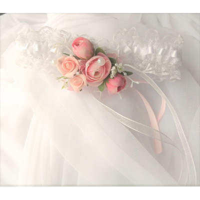 podvazek květinový růžový s krajkou