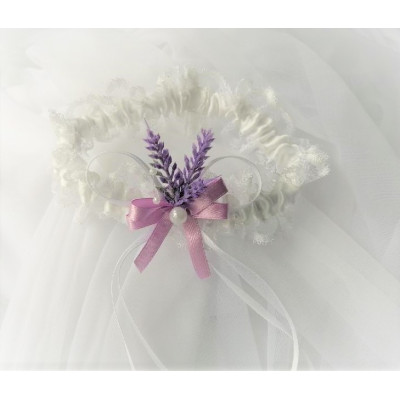 Svatební podvazek krajkový s levandulkami